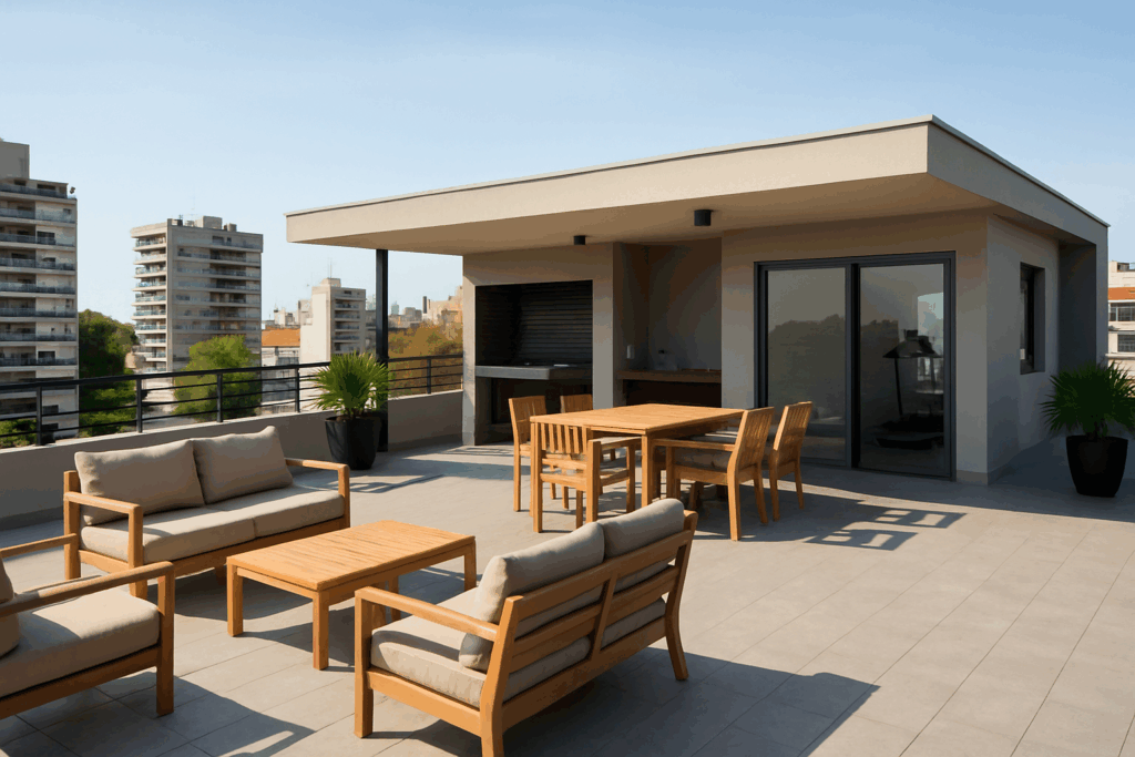 “Terraza amplia de un edificio en Rosario con mobiliario moderno y espacios comunes al aire libre.”