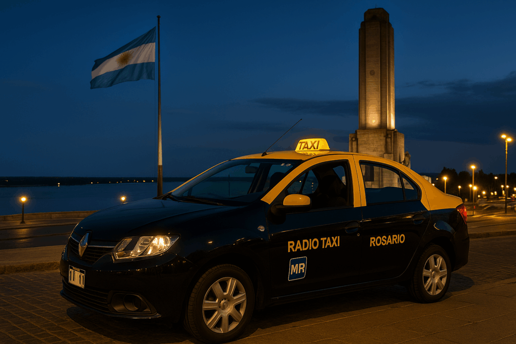Taxi de Rosario frente al Monumento a la Bandera, prórroga vida útil taxis Rosario