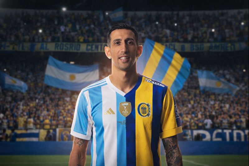 Ángel Di María con camiseta mitad Argentina y mitad Rosario Central en el Gigante de Arroyito