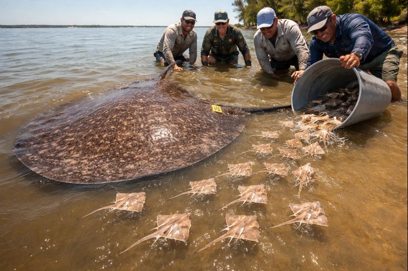 Raya gigante de agua dulce medida y liberada en el río Paraná, cerca de Rosario