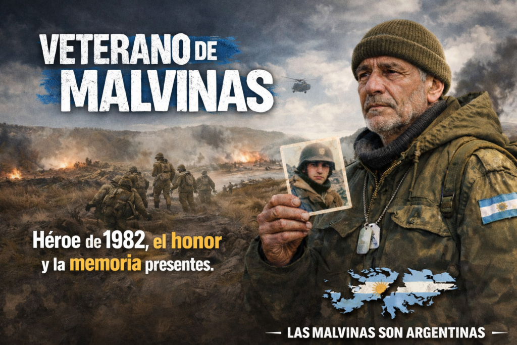 Veterano de Malvinas sosteniendo foto de su juventud como soldado en la Guerra de Malvinas - 2 de abril Día del Veterano y de los Caídos