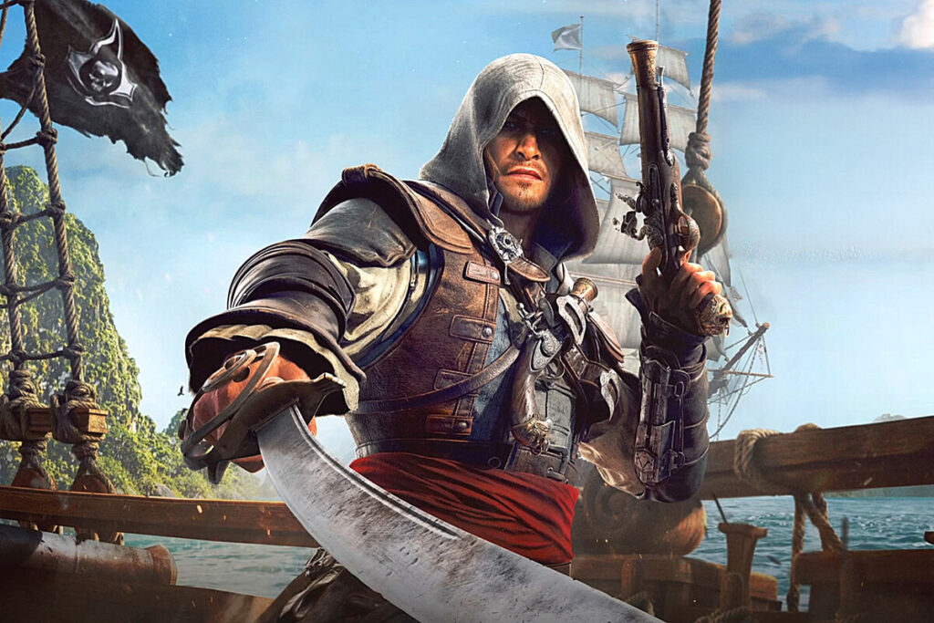 Black Flag Resynced Edward Kenway con pistola y sable en el Jackdaw