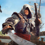 Black Flag Resynced Edward Kenway con pistola y sable en el Jackdaw