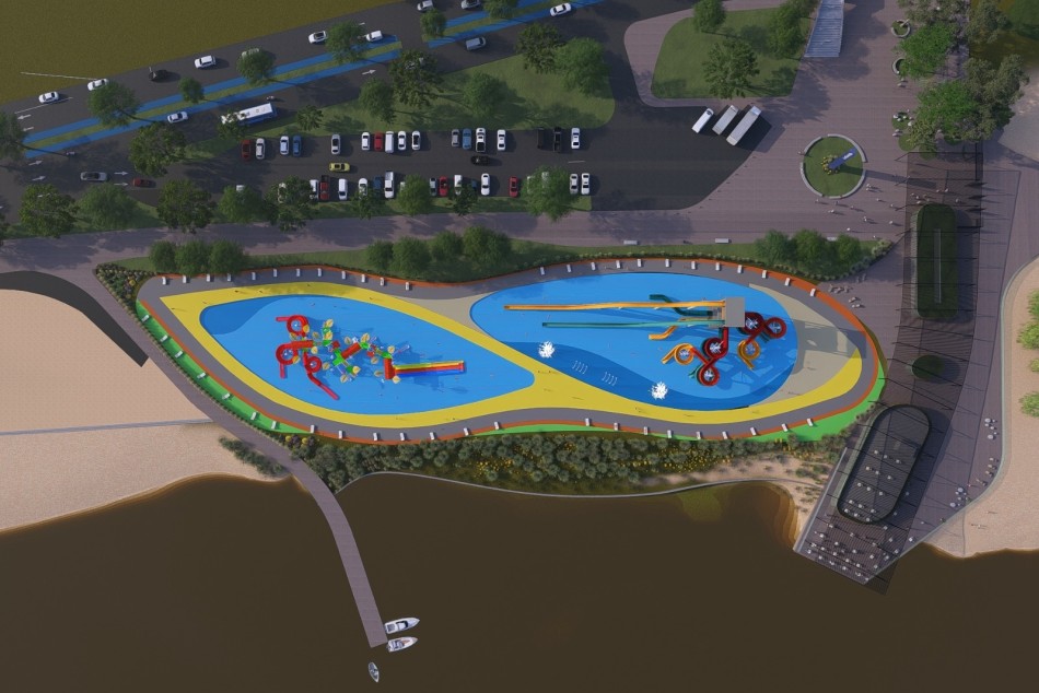 Render del parque acuático en Rosario con toboganes y espejos de agua