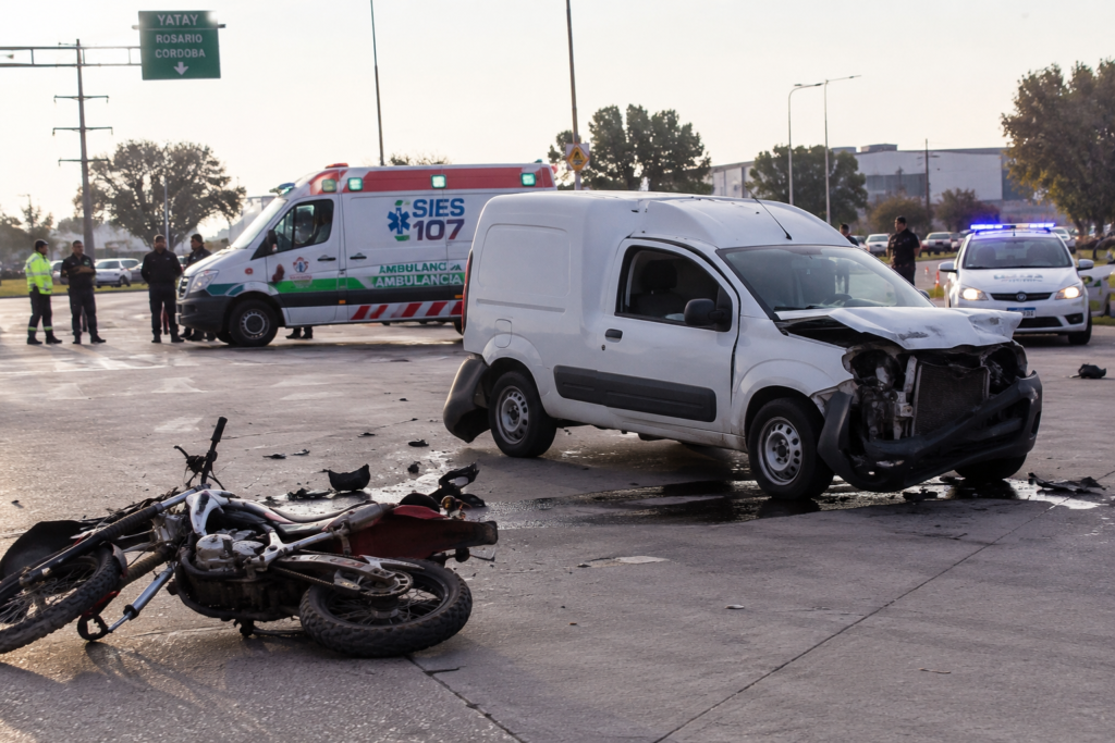 Choque en Ruta 9 y Yatay: la moto y el utilitario sobre la calzada con el SIES en el lugar del siniestro