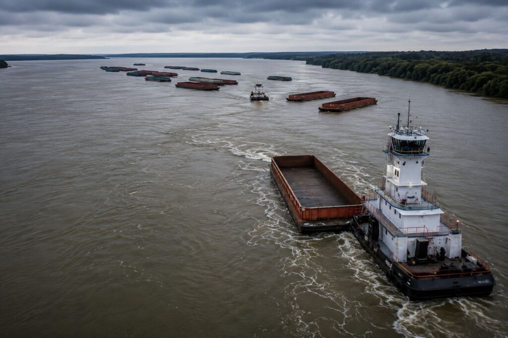Desregulación de la hidrovía: convoy paraguayo navegando el Paraná frente a Rosario, escenario del choque que motivó la alerta de los conductores navales