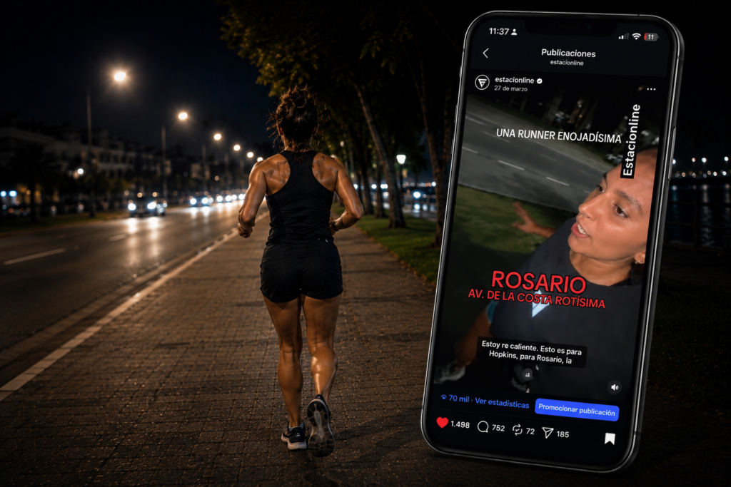 Video viral Estacionline Rosario: una runner corre de noche por avenida de la Costa junto al mockup del reel publicado por el medio