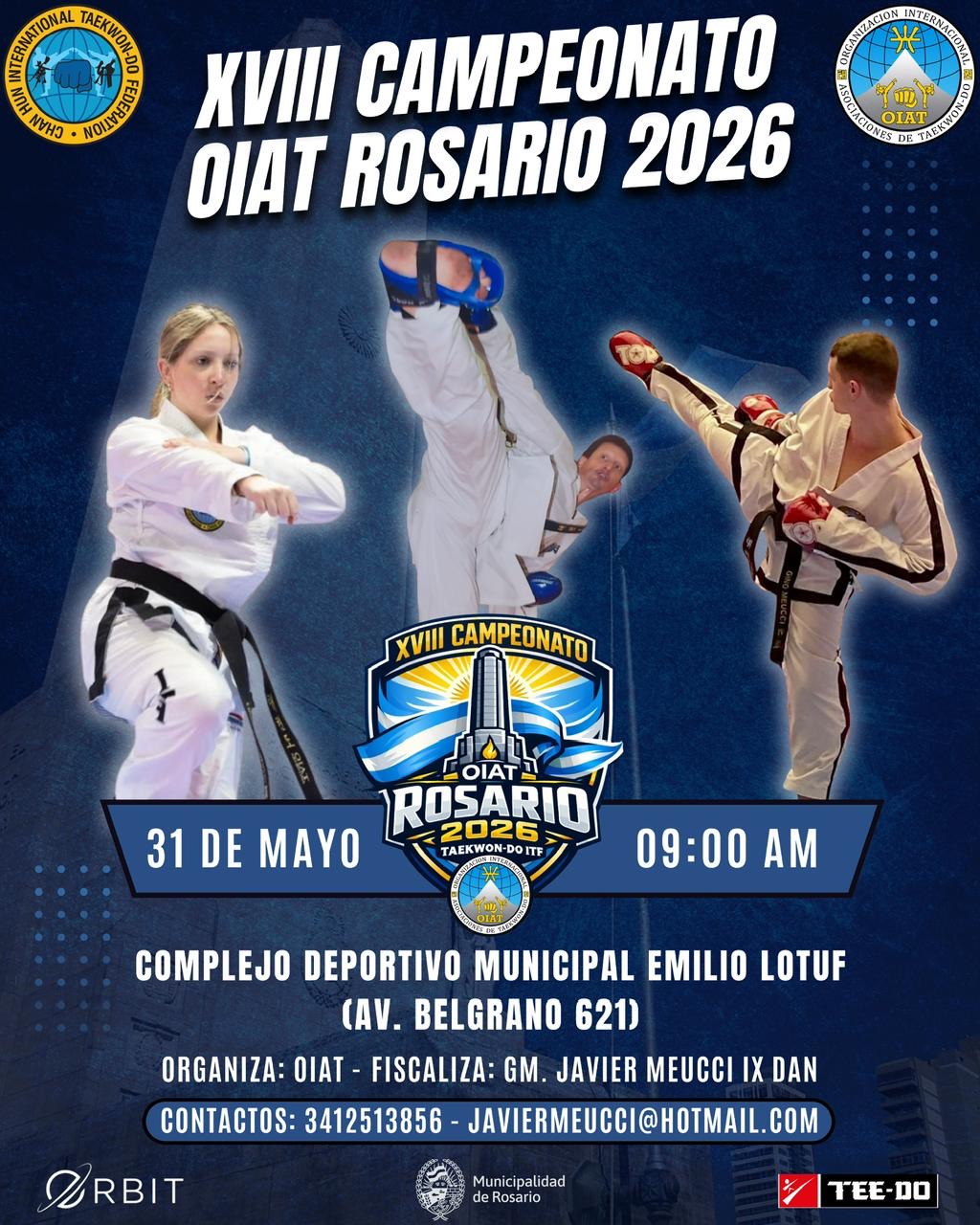 Afiche del XVIII Campeonato OIAT Rosario 2026 de Taekwon-Do ITF, el 31 de mayo en el Complejo Emilio Lotuf