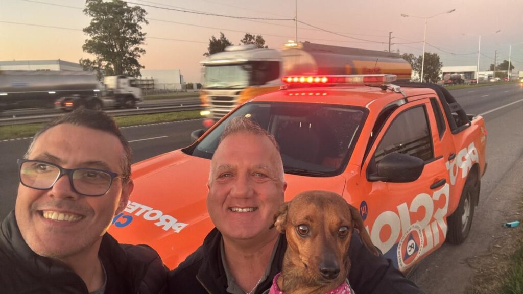 Bomberos Voluntarios de Rosario junto a la perrita rescatada y una camioneta de Protección Civil