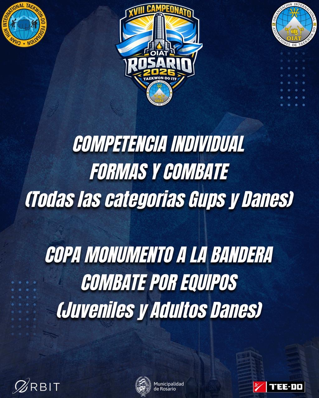 Afiche con las categorías del XVIII Campeonato OIAT Rosario 2026: individual, formas, combate y Copa Monumento a la Bandera