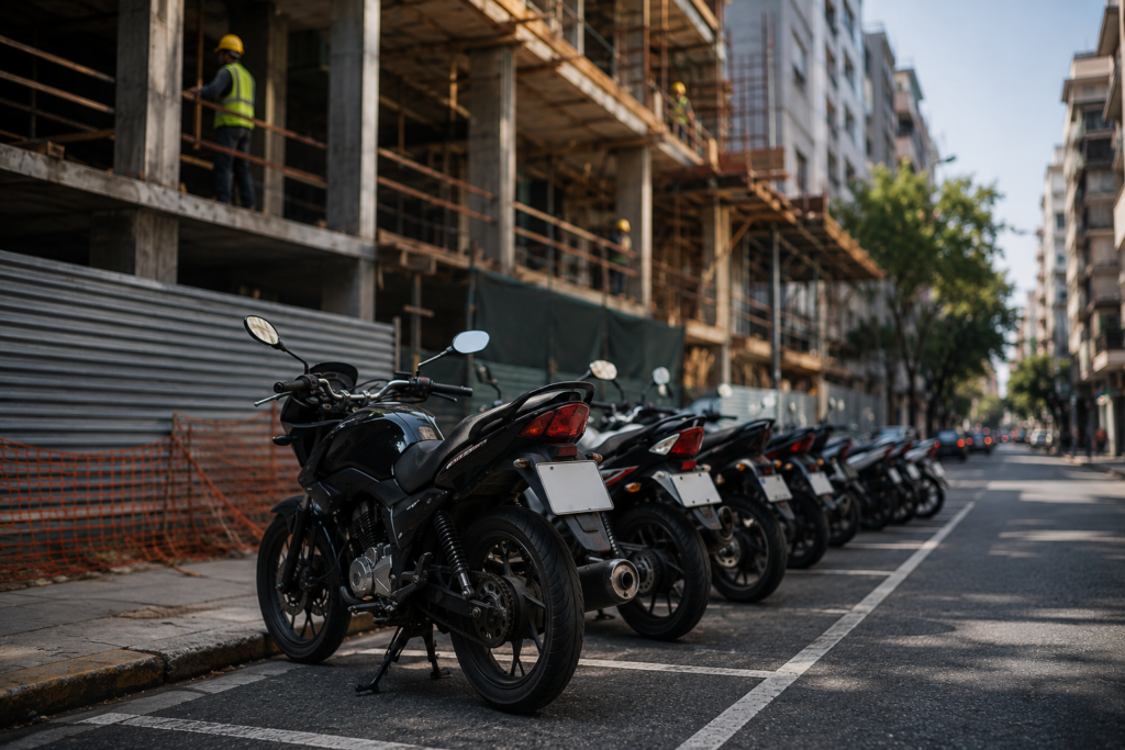 Motos estacionadas frente a una obra en construcción en Rosario