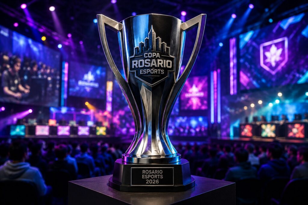 Trofeo de la Copa Rosario Esports en un estadio de deportes electrónicos