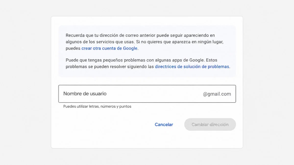Interfaz de la cuenta de Google para cambiar dirección de Gmail