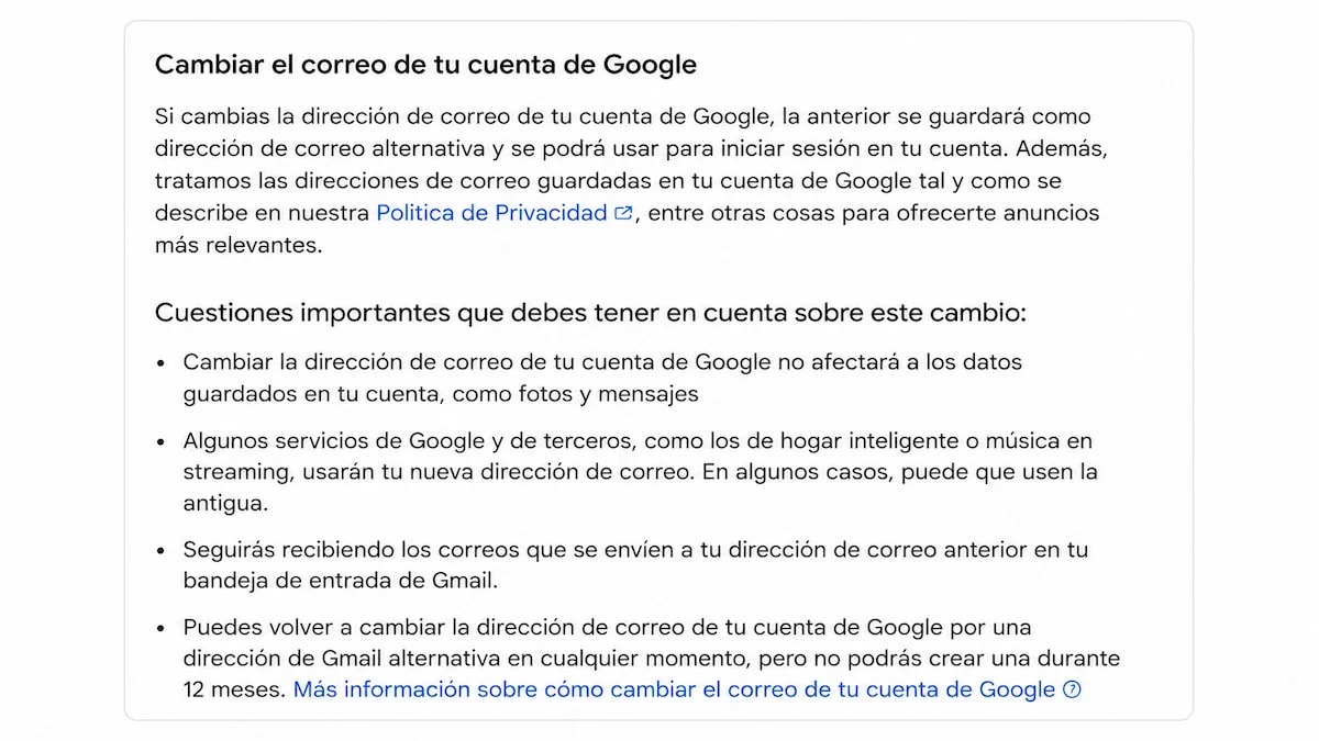 Soporte oficial de Google sobre cambiar correo de cuenta sin perder datos