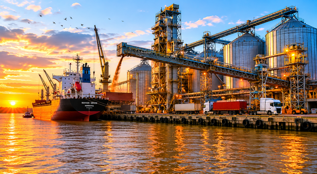 Récord de camiones en Gran Rosario: buque cerealero y silos en el puerto al atardecer