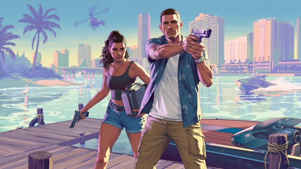 Arte oficial de GTA 6 lanzamiento con Lucía y Jason en Vice City