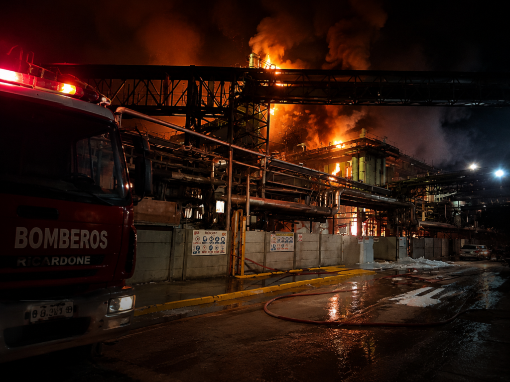 Incendio Vicentin Ricardone: las llamas iluminan la planta industrial mientras Bomberos trabajan en el lugar