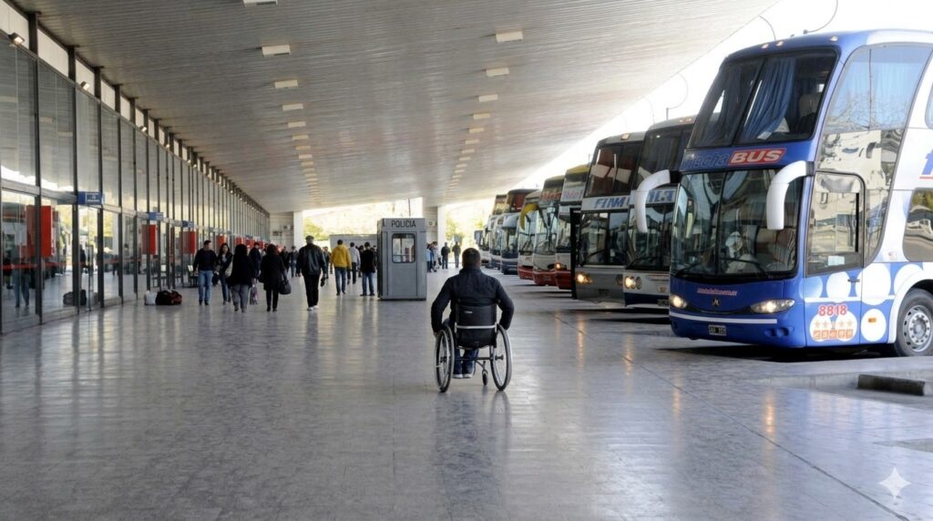 Una persona en silla de ruedas en una terminal de micros de larga distancia