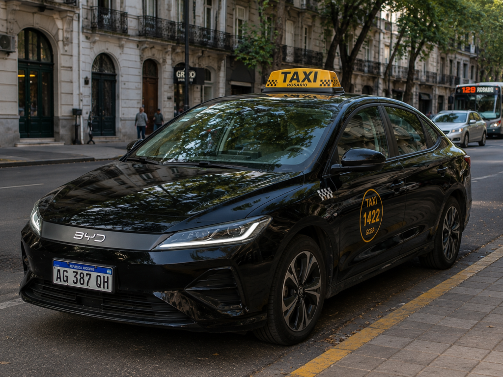 Taxi eléctrico BYD circulando por Rosario, modelo que el Concejo debate habilitar