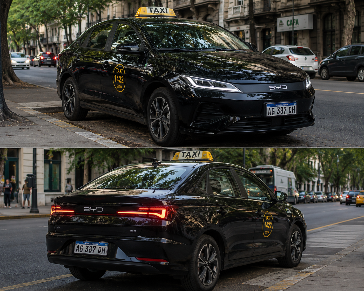 Vistas frontal y trasera de un taxi eléctrico de Rosario en la vía pública