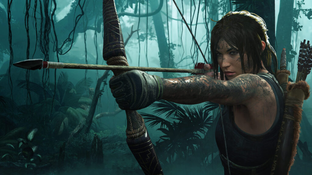 Lara Croft con arco en la jungla, ilustrativa de Tomb Raider gratis en Epic Games Store