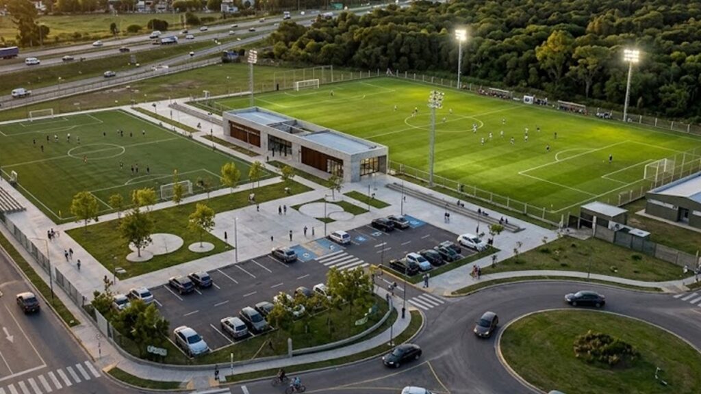 Render del polo de fútbol infantil de Rosario Central en Funes. Imagen ilustrativa generada con inteligencia artificial.