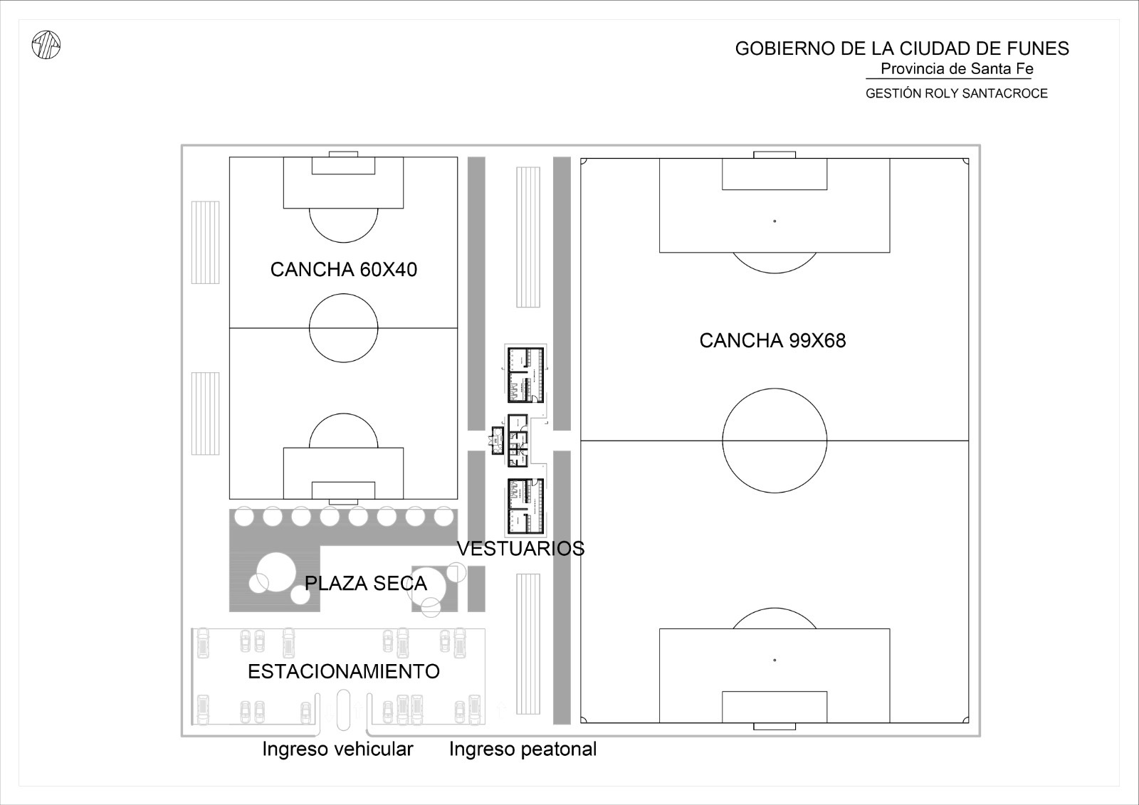 Plano del predio de Rosario Central en Funes con dos canchas, vestuarios y estacionamiento.