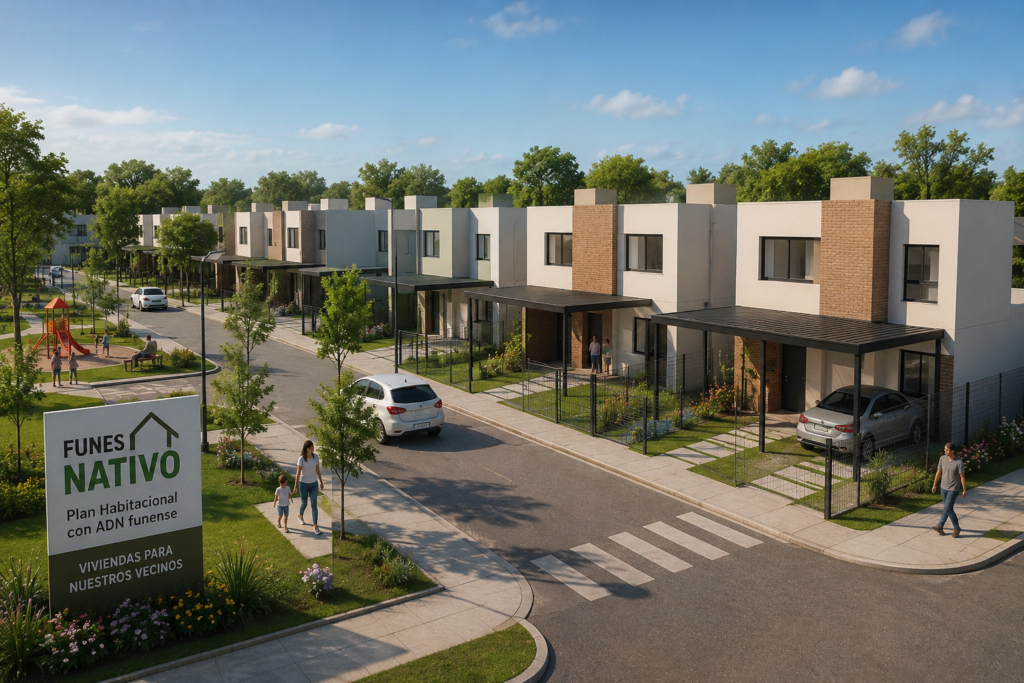 Render del programa Funes Nativo Plan Habitacional con ADN Funense — viviendas para nativos y residentes