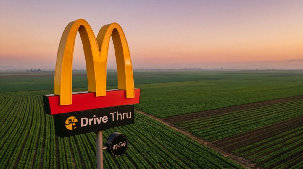 Cartel de McDonald's en un entorno rural simboliza la estrategia de sustentabilidad de Arcos Dorados