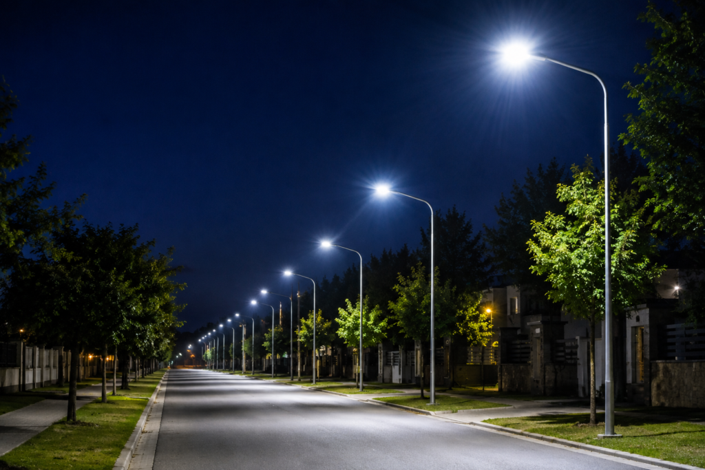 Luminarias LED Funes encendidas en avenida nocturna
