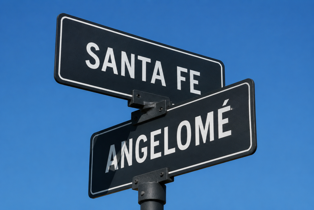 Ángelomé doble mano: cartel de calle Santa Fe y Ángelomé en Funes