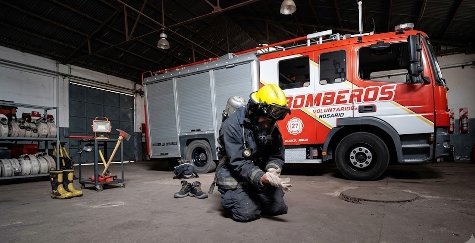Bombero voluntario de Rosario junto a la autobomba antes de viajar a Venezuela