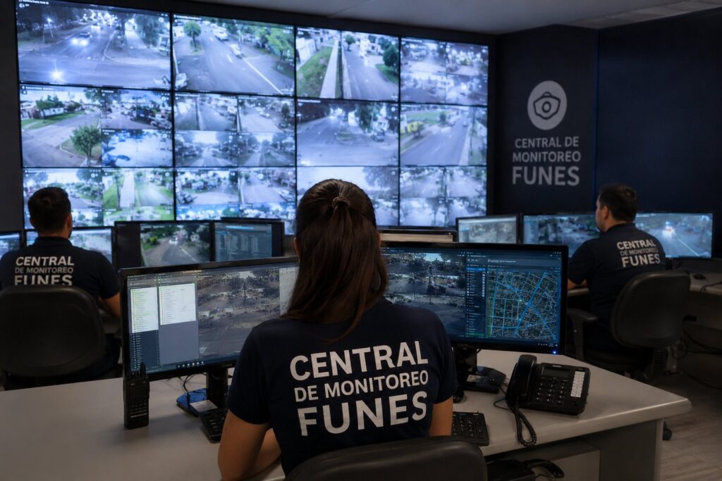 Operadores observan las cámaras municipales en la Central de Monitoreo de Funes