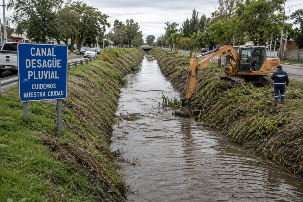Retroexcavadora limpia uno de los canales de Funes ante un posible Súper El Niño