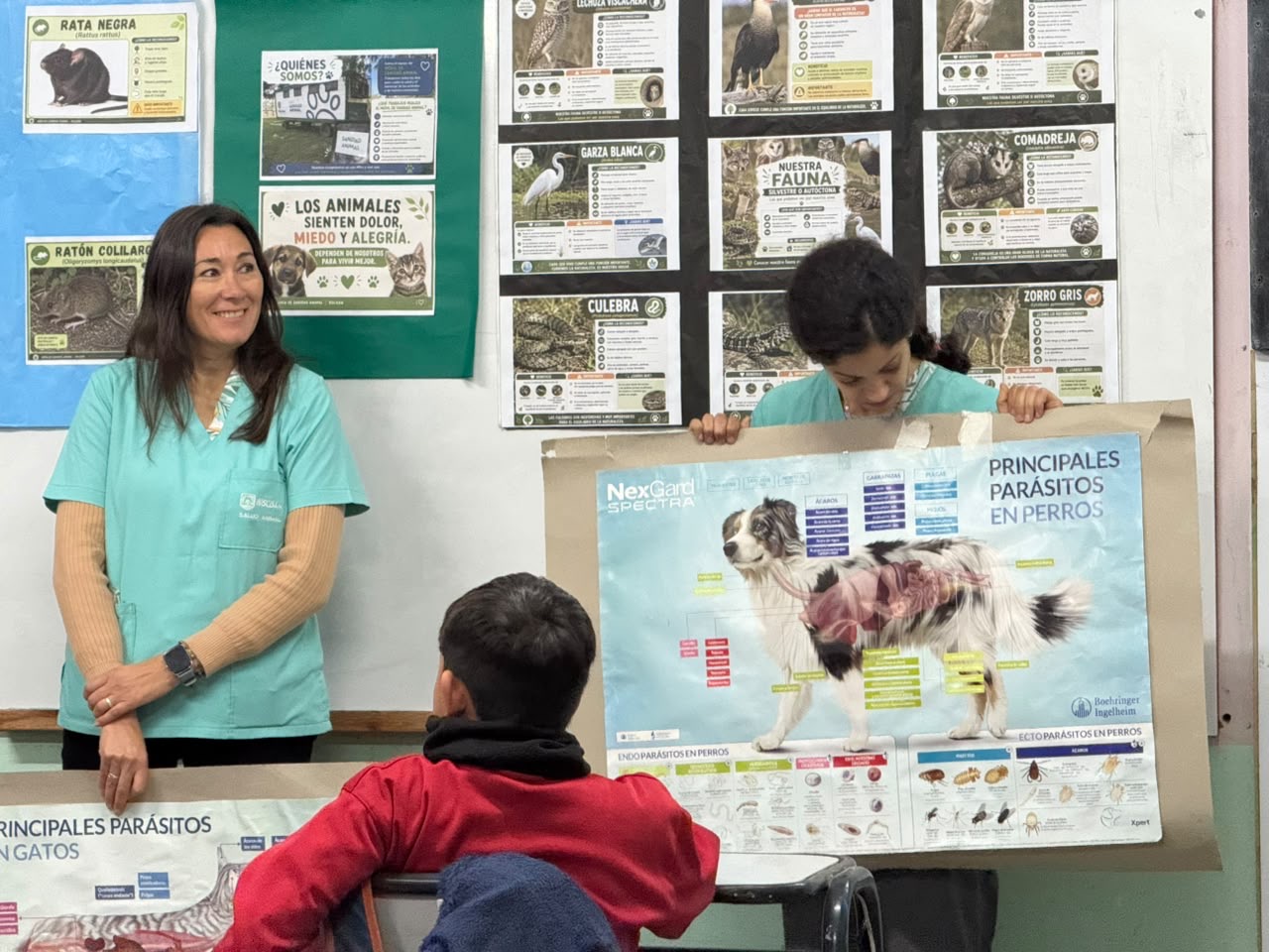Profesionales de Sanidad Animal muestran un afiche de parásitos en perros durante las charlas en Roldán