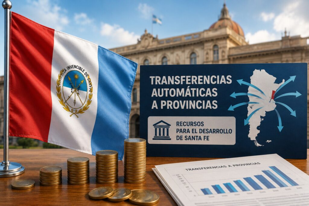 Coparticipación mayo 2026: bandera de Santa Fe, monedas y mapa con transferencias automáticas a las provincias