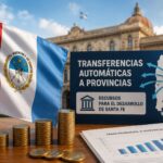 La coparticipación repuntó en mayo: Santa Fe recibió $688 mil millones y superó el promedio nacional Coparticipación mayo 2026: bandera de Santa Fe, monedas y mapa con transferencias automáticas a las provincias