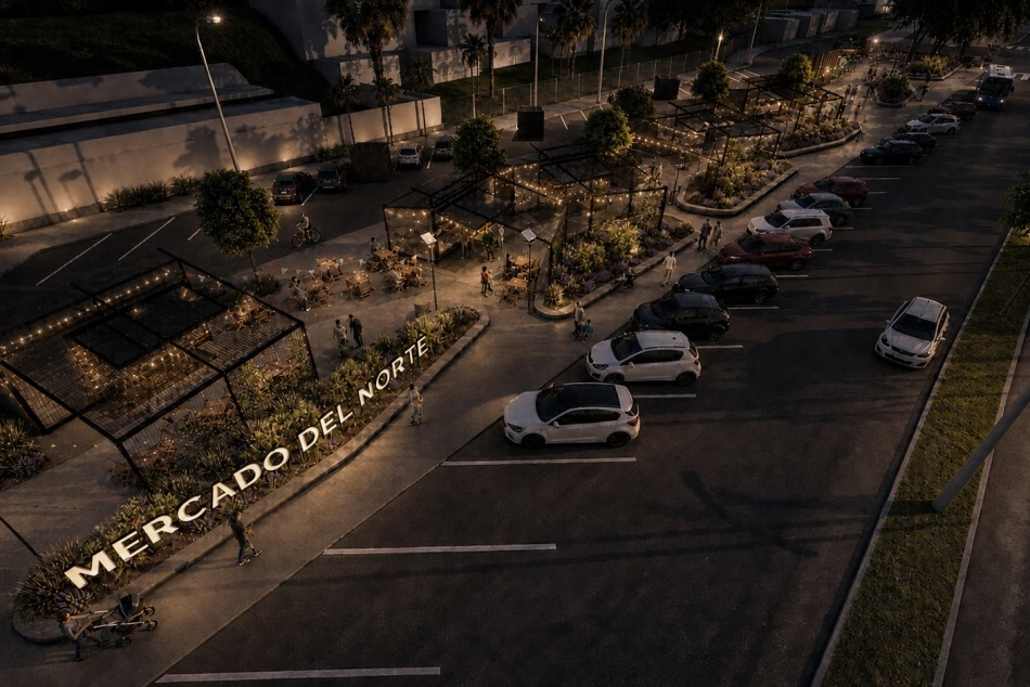 Costa Norte Rosario: render nocturno del nuevo mercado en el estacionamiento