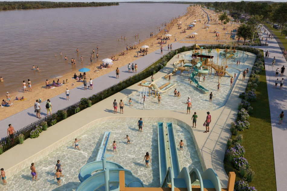 Costa Norte Rosario: render aéreo diurno del paseo costero con parque acuático y playa pública