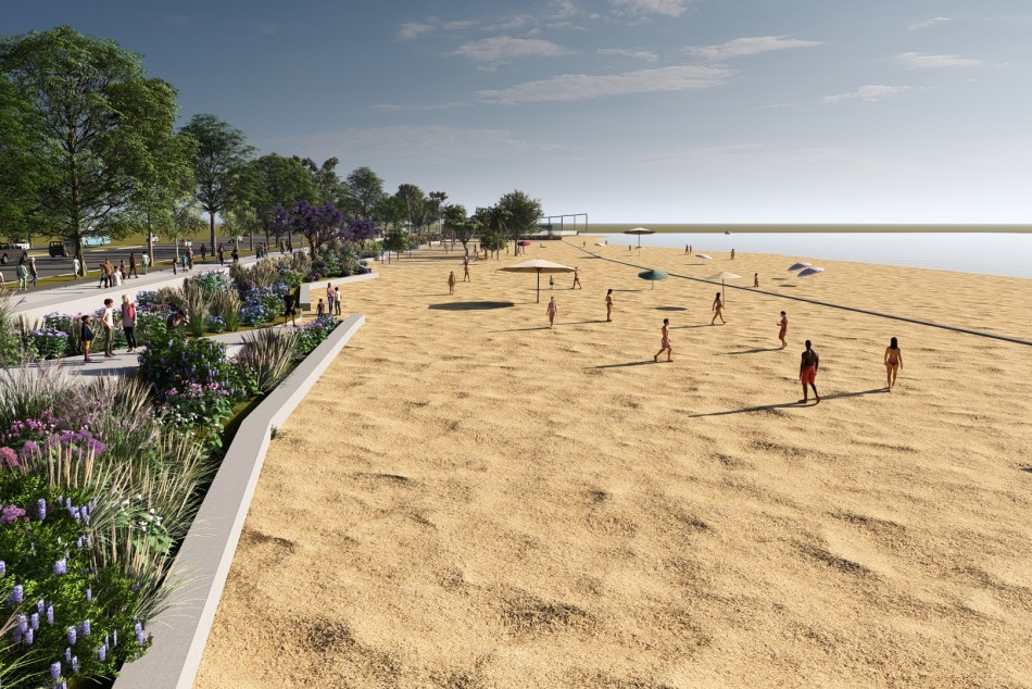 Costa Norte Rosario: render de playa pública con canchas de beach voley