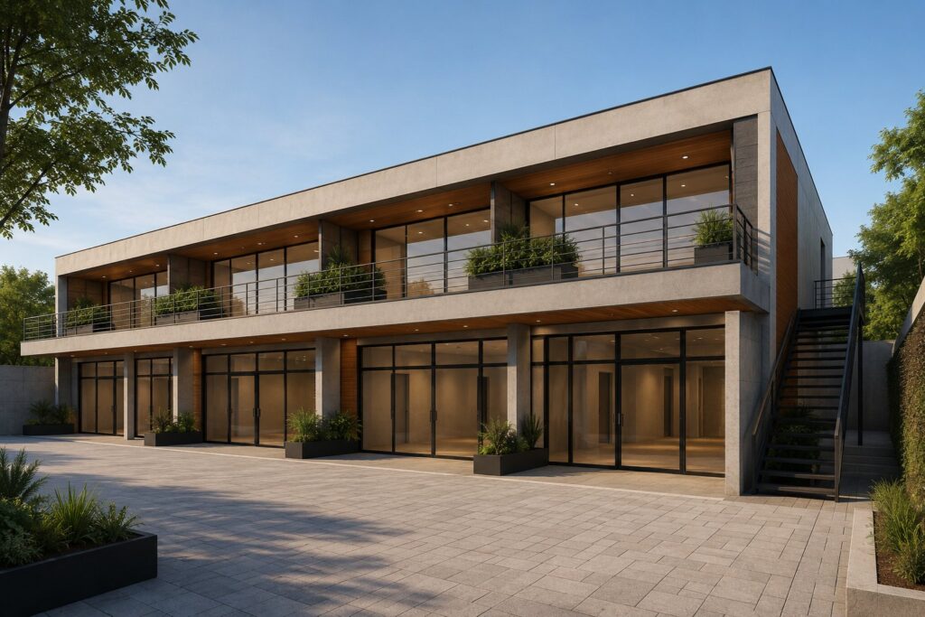 Render del desarrollo comercial en Funes proyectado sobre calle Las Ranas al 617