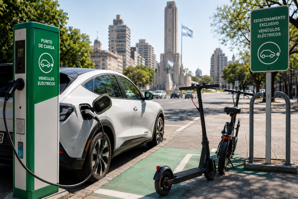 Electromovilidad en Rosario: estación de carga con auto eléctrico y monopatín