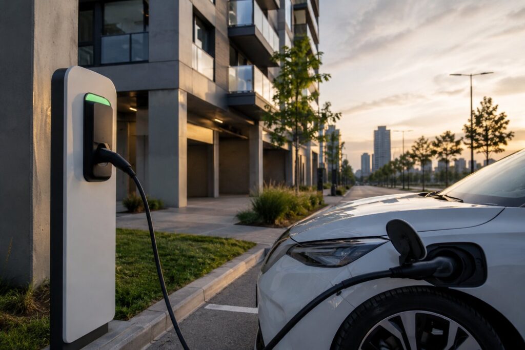 Puntos de carga para autos eléctricos en una estación urbana de Rosario