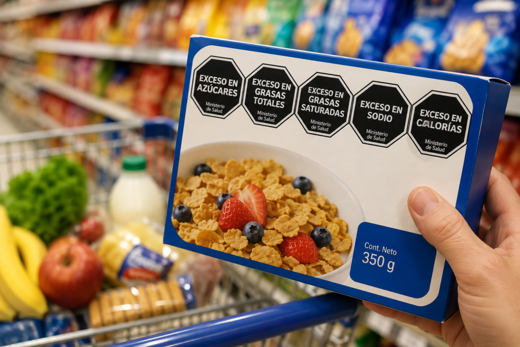 Caja de cereal en supermercado con sellos negros del etiquetado frontal de alimentos