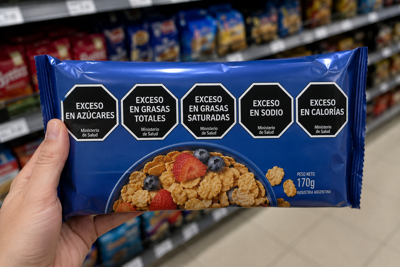 Paquete de cereal con cinco sellos octogonales del etiquetado frontal: azúcares, grasas, sodio y calorías