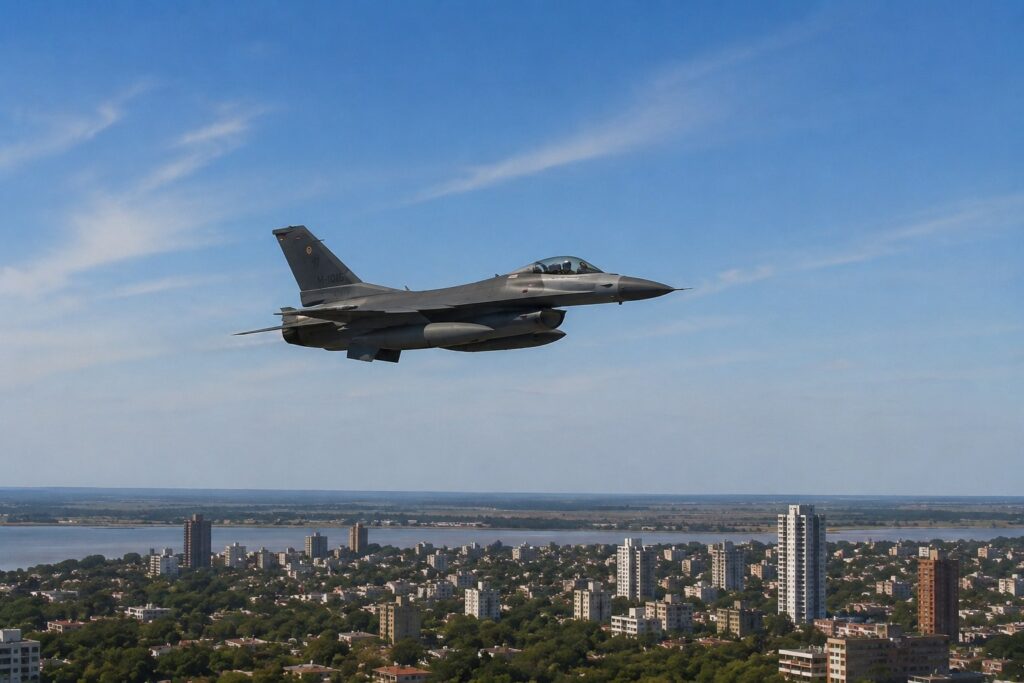 Avión caza F-16 de la Fuerza Aérea Argentina sobrevuela el cielo de Rosario y Funes durante maniobras de entrenamiento