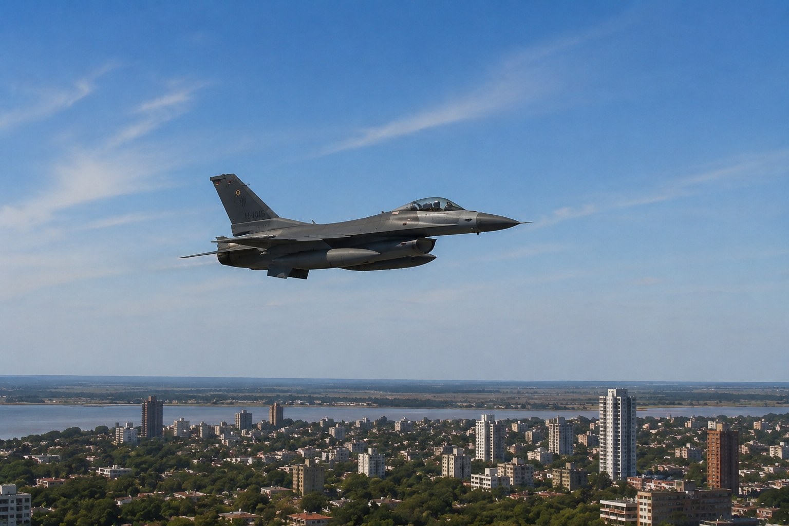 Avión caza F-16 de la Fuerza Aérea Argentina sobre el cielo de Rosario y Funes