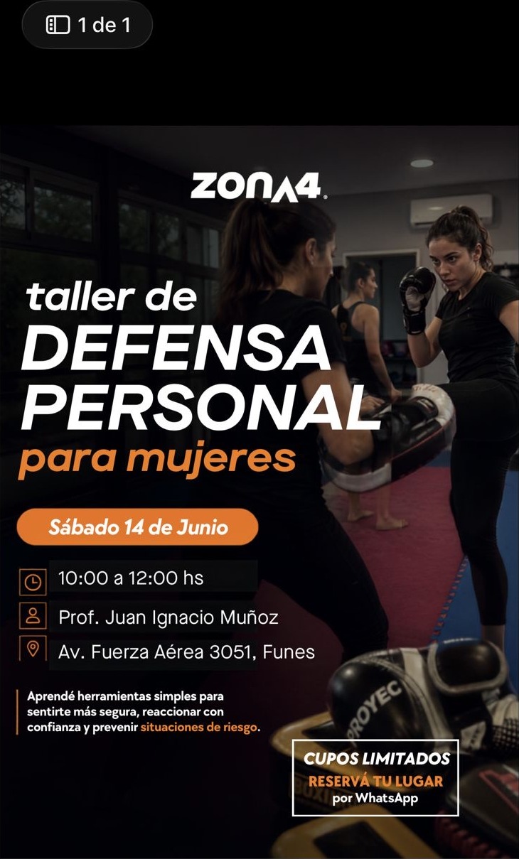 Flyer del taller de defensa personal para mujeres en Zona4 Funes