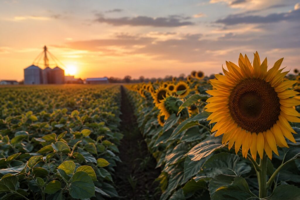 Campo de girasol al atardecer con silos, informe de la Bolsa de Comercio de Rosario