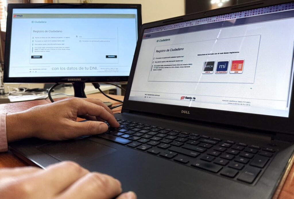 Pantallas mostrando el registro de la ID Ciudadana de Santa Fe con los metodos ARCA, Mi Argentina y DNI